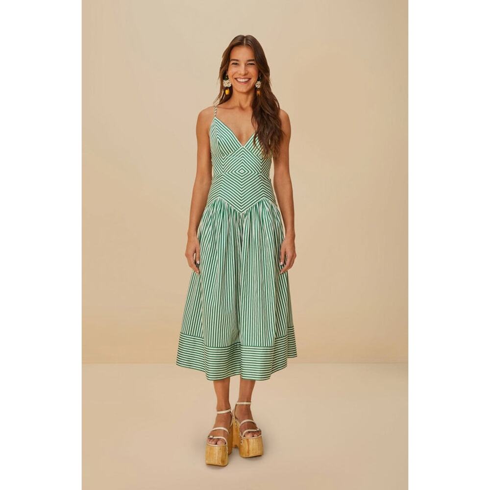 FARM Rio Green Striped Midi Dress NWT